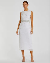 White Sleeveless High Neck Beaded Midi Sheath Dress
